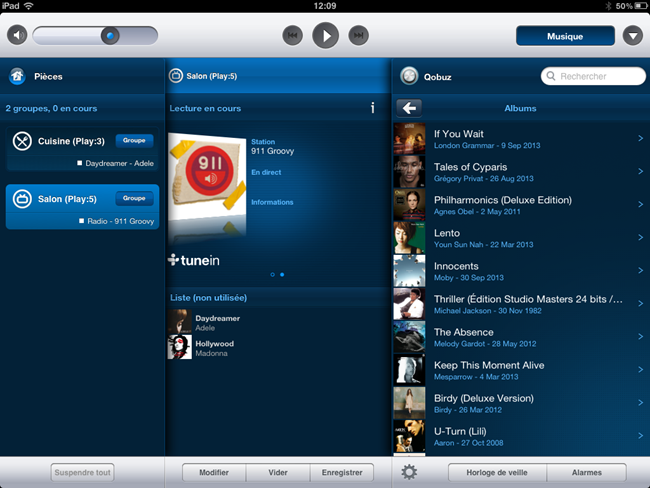 Aplicación Sonos en iPad con el servicio de música en línea Qobuz